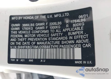 2021 Honda Civic Type R Touring из США, поврежденный, VIN SHHFK8G7XMU205644